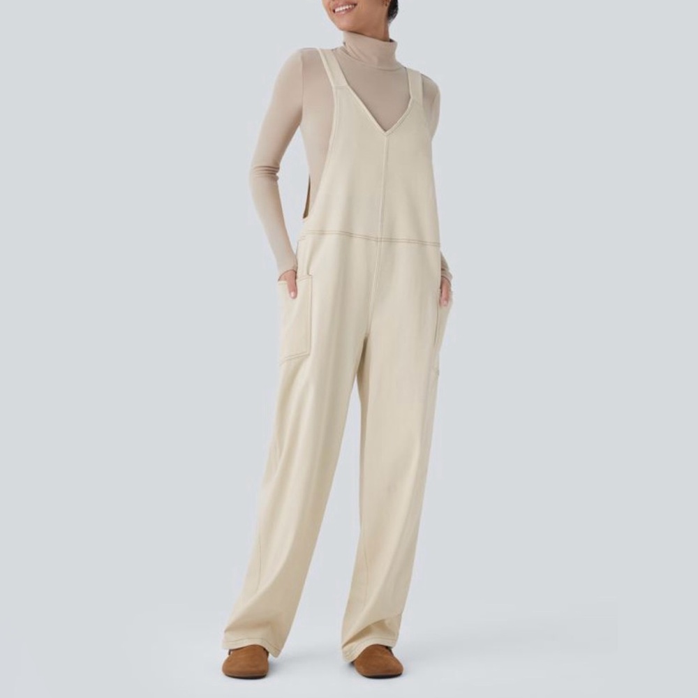 HALARA Cream V-Neck Relaxed Jumpsuit with Deep Pockets